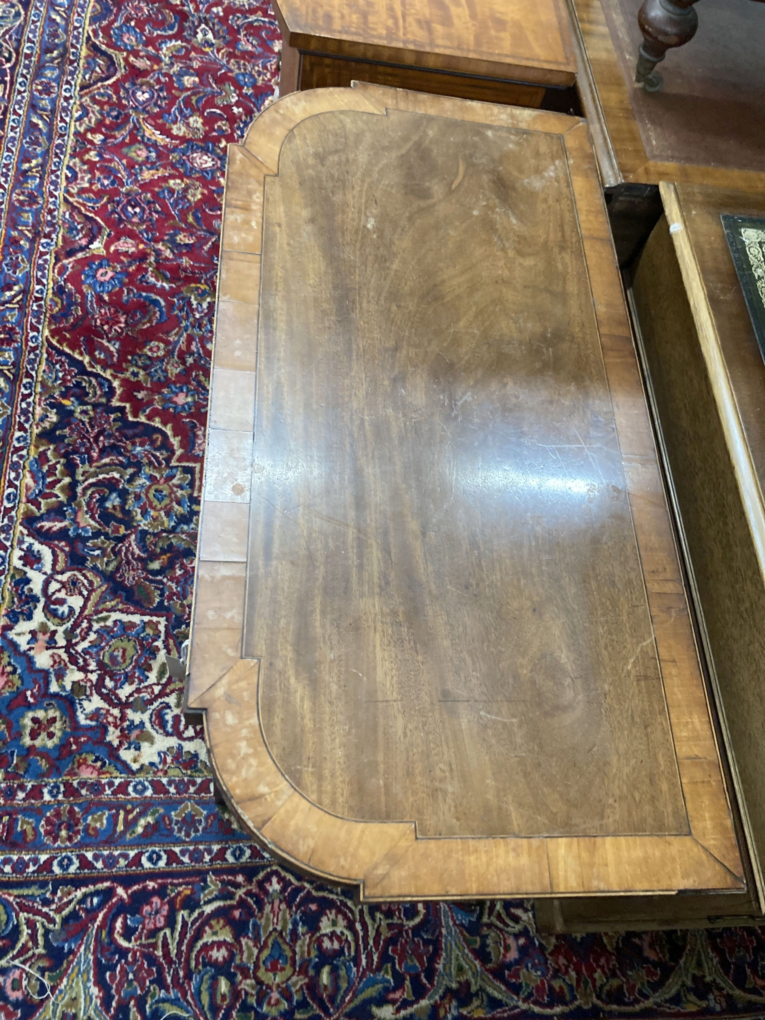 A George IV satinwood banded folding mahogany card table, width 90cm, depth 44cm, height 74cm